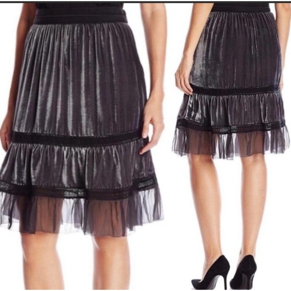 NEW Elie Tahari Audra Silk/Velour/Rayon Knee Length‎ Skirt in Coal, Small $368